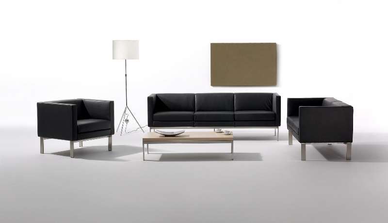 Odessa 2 seat sofa, black leather with inox frame