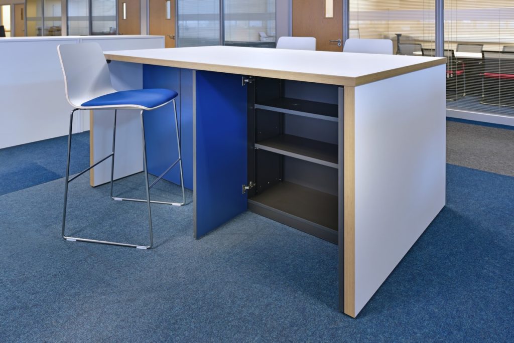 Panel ended high table with storage cupboards underneath. Perfect for catching up with a few emails, collaborating with colleagues on your latest proposal or for brief meetings. Stand up for a while, or choose some of our bar height stools.