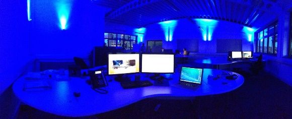 View of Office Under Blue Lighting