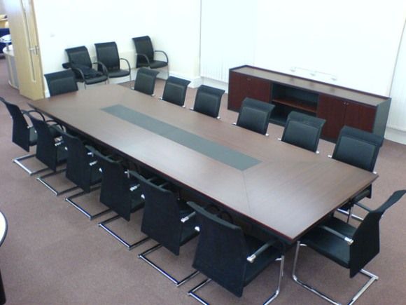 Mahogany Veneer and Black Leather Conference Table
