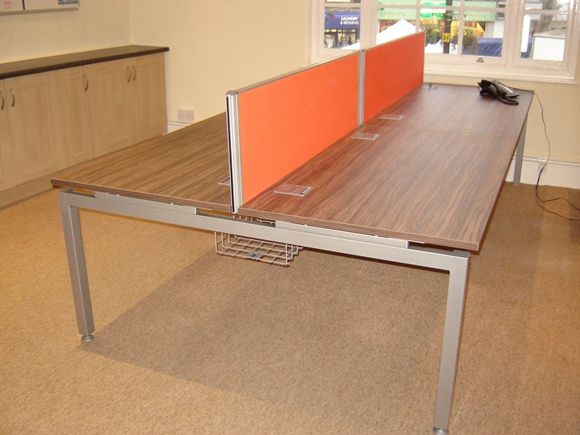 Qore Concept Bench Desking in Cordoba Olive Finish with Orange Desks Screens