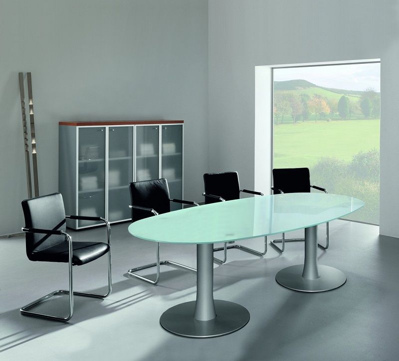 Oval Glass Meeting Table  2300 x 1100 Chrome Trumpet Legs