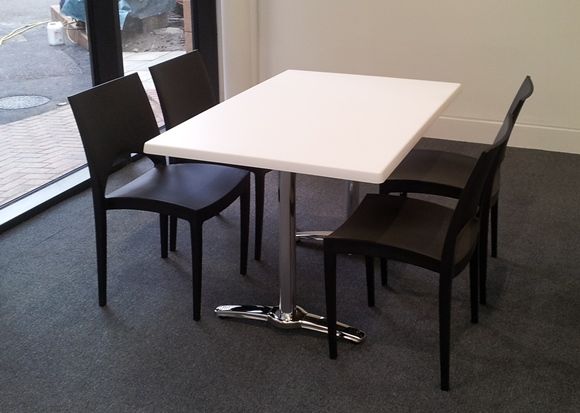 White Cafe Table Top With Roma Bases and Moon Chairs