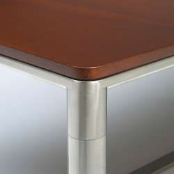 Diktat Stainless Steel Table Leg and Mahogany Top Detail