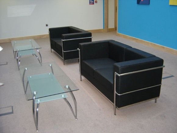 Black Leather Reception Sofas and Glass Coffee Tables
