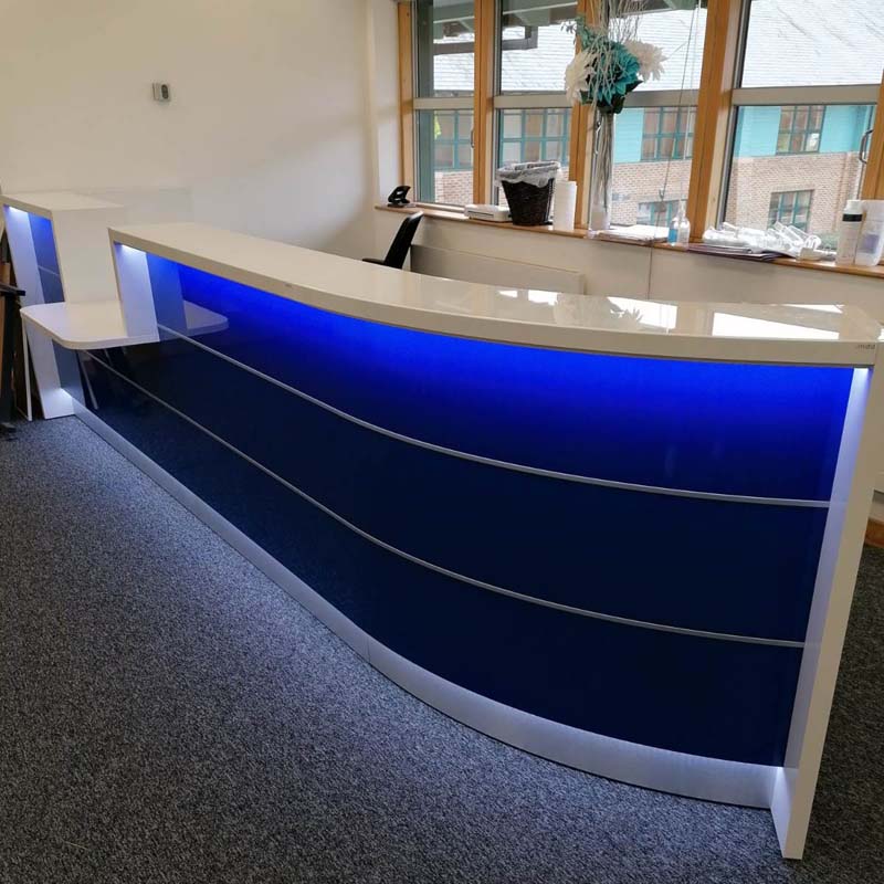 High Gloss Blue Reception Desk Front View