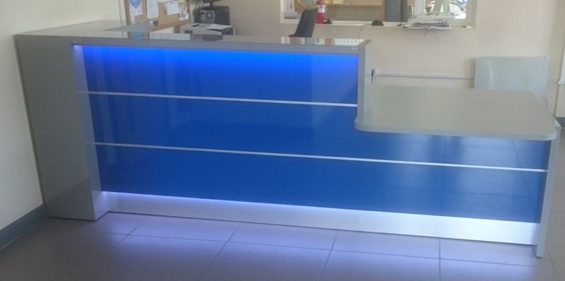 View of High Gloss Blue Reception Counter Desk