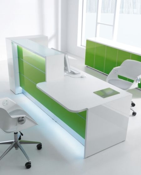 Valde Modern White Reception Counter,  High Gloss Green Laminate and LED Lighting