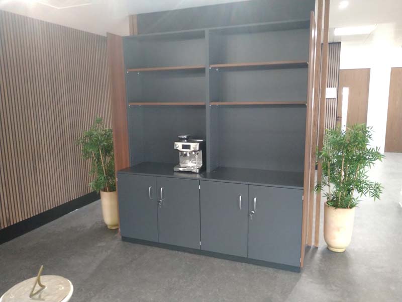 Bespoke hospitality and storage unit designed by Aerofoil Design, showing area for coffee making.